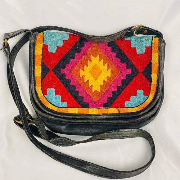 none Handbags - Vintage Black Leather Colorful Embroidered Geometric Pattern Crossbody Bag
